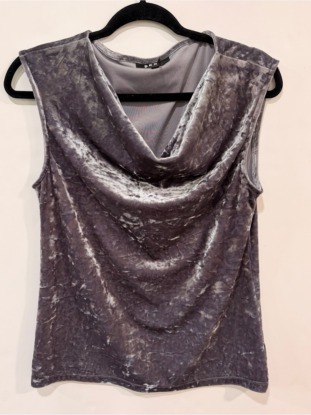 DKNY Silver Gray Shimmer Crushed Velvet Cowl Neck Sleeveless Top Size Medium